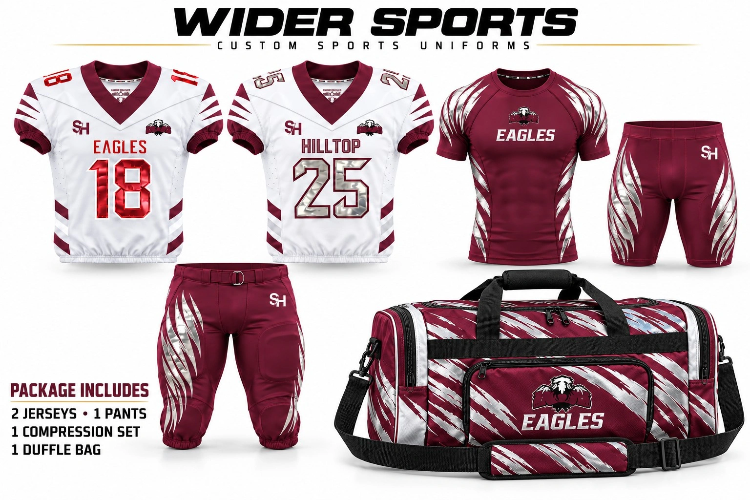 Wider Sports Eagles and Hilltop American football uniform package