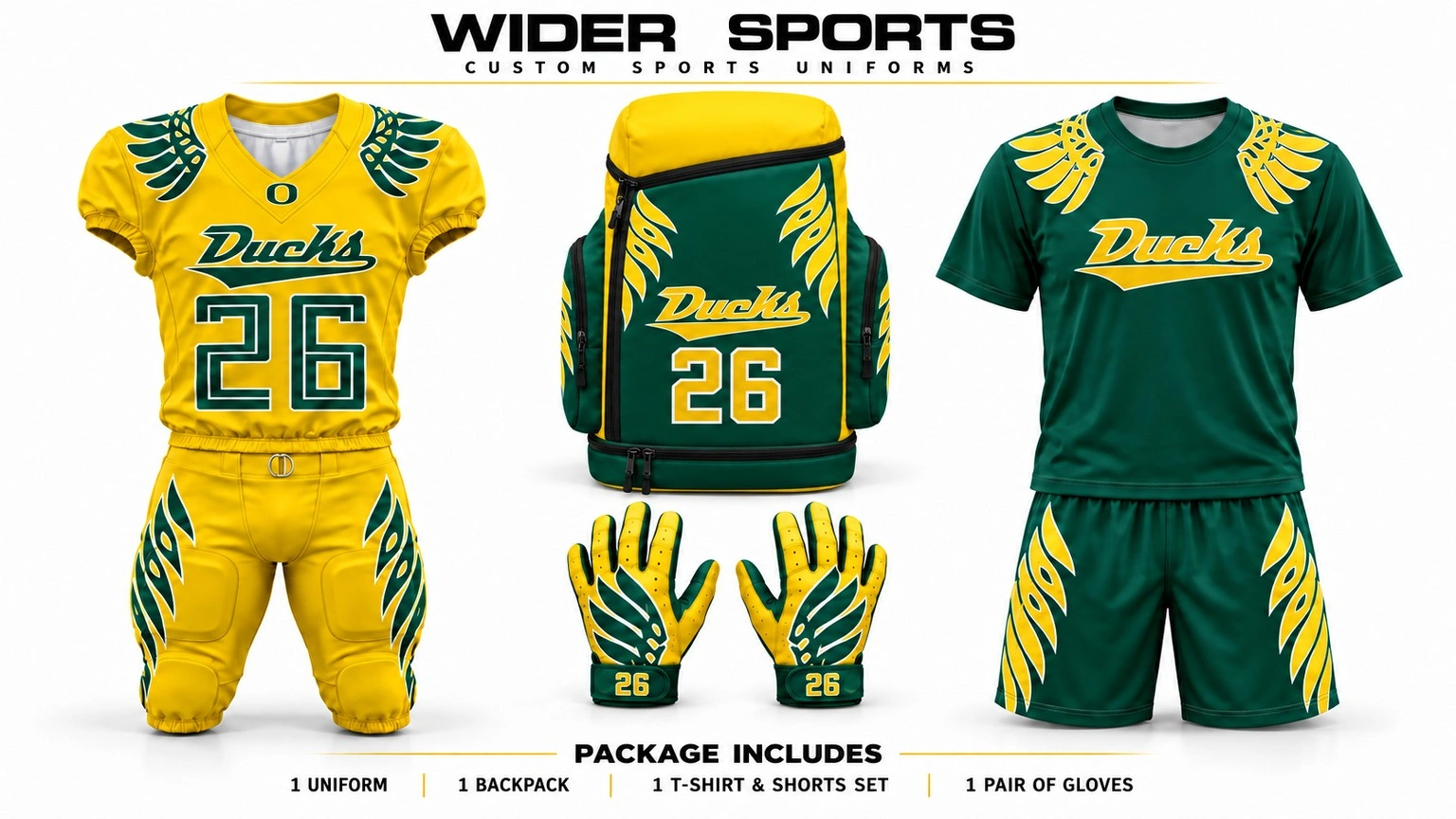Ducks team package: Green and gold uniform and coordinated teamwear.