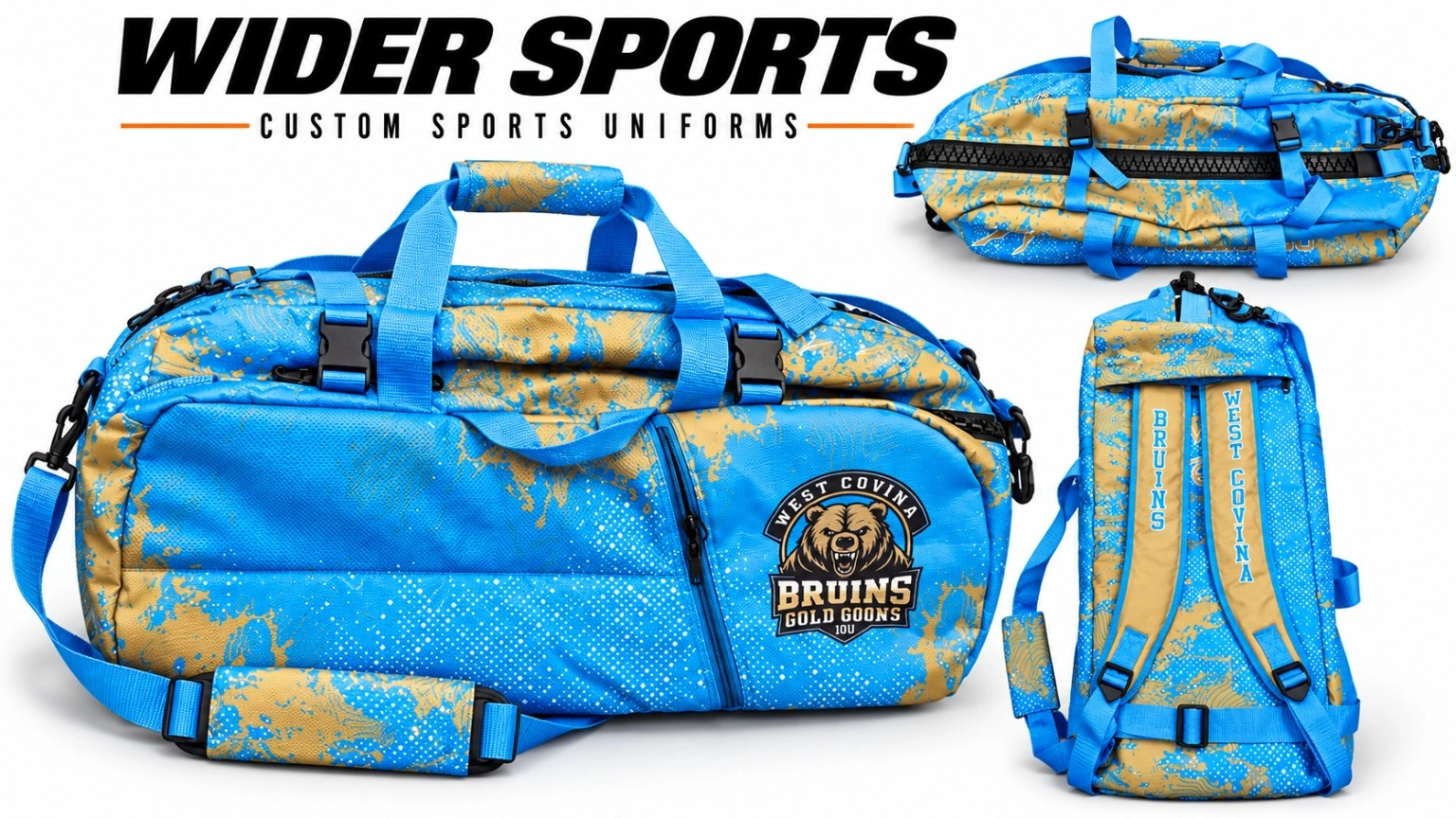 Bruins blue & gold convertible bag: Blue and gold team bag shown in duffle and backpack configurations with coordinated straps and graphics.