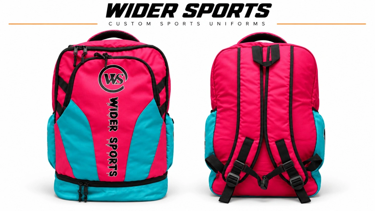 Wider Sports pink & turquoise backpack: Pink and turquoise backpack with WS branding and coordinated front and back views.
