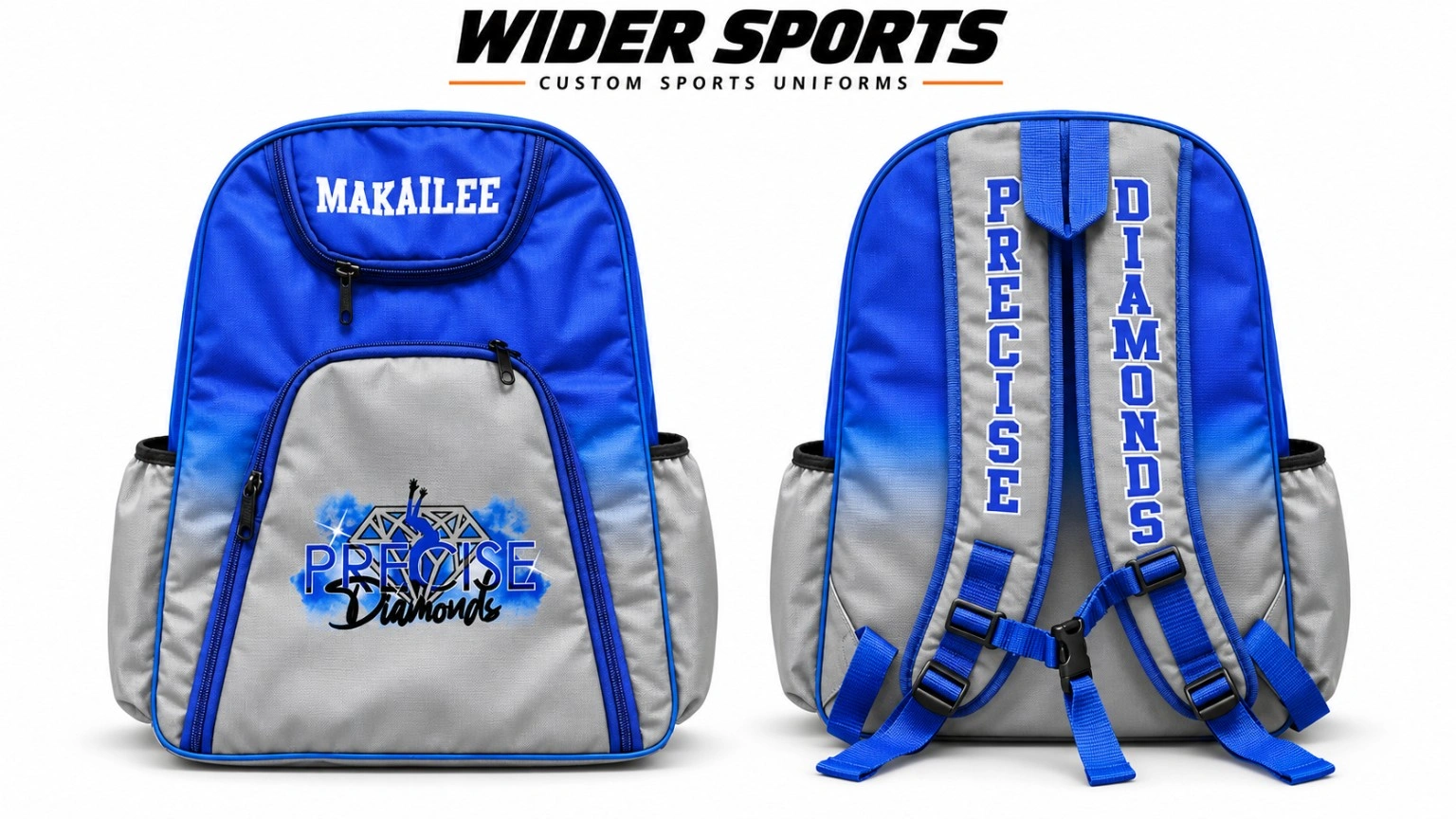 Precise Diamonds blue & silver backpack: Blue and silver backpack with personalized lettering and branded shoulder straps.