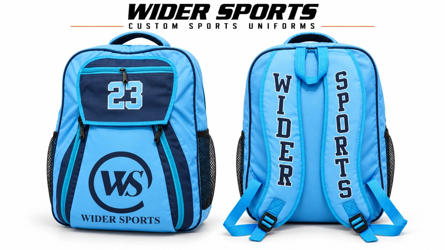 Wider Sports sky-blue backpack: Sky-blue and navy backpack with WS branding, personalized number panel and front and back views.