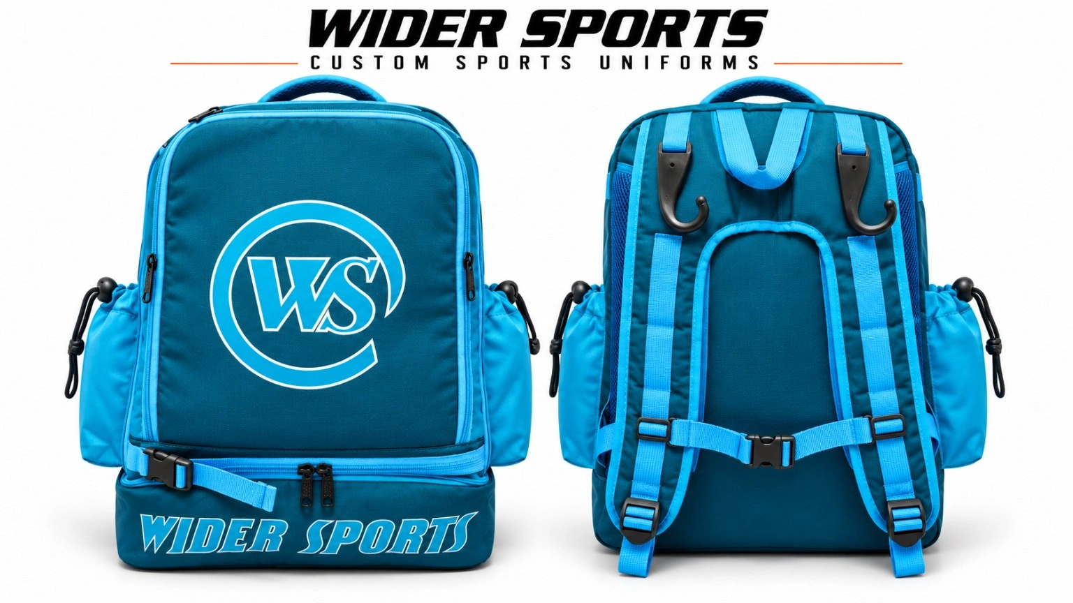 Wider Sports teal equipment backpack: Teal and bright-blue backpack with WS branding, side pockets, a lower zip compartment and front and back views.