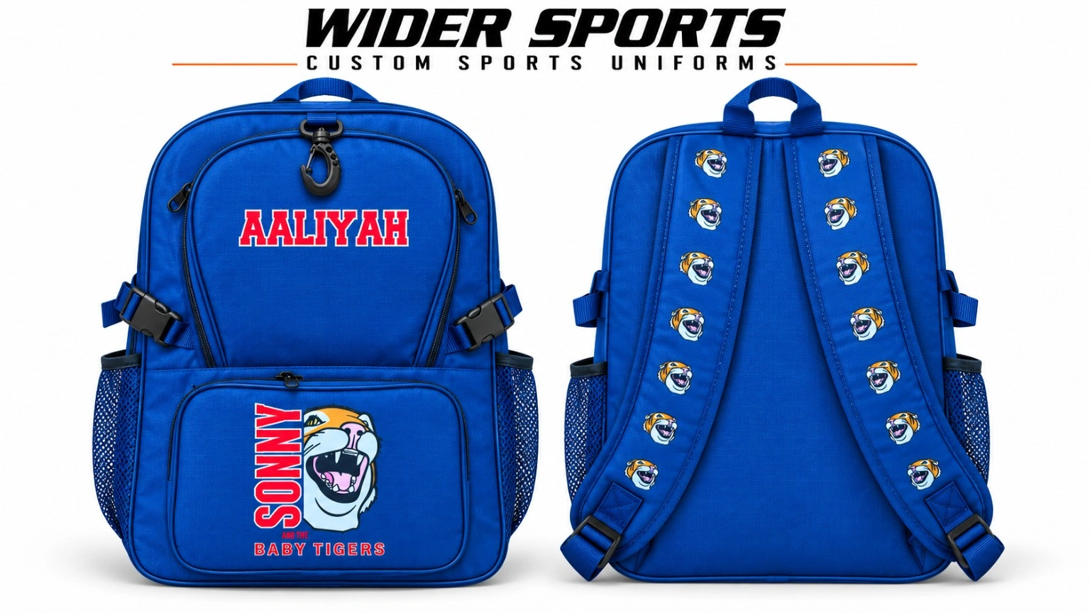 Baby Tigers royal blue backpack: Royal blue backpack with personalized lettering, tiger artwork and matching graphics on the shoulder straps.