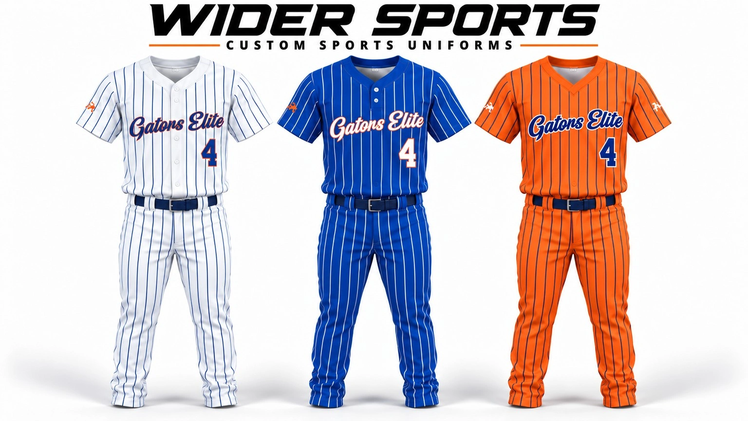 Gators Elite uniform collection: White, blue and orange pinstripe sets with coordinated pants and custom team lettering.