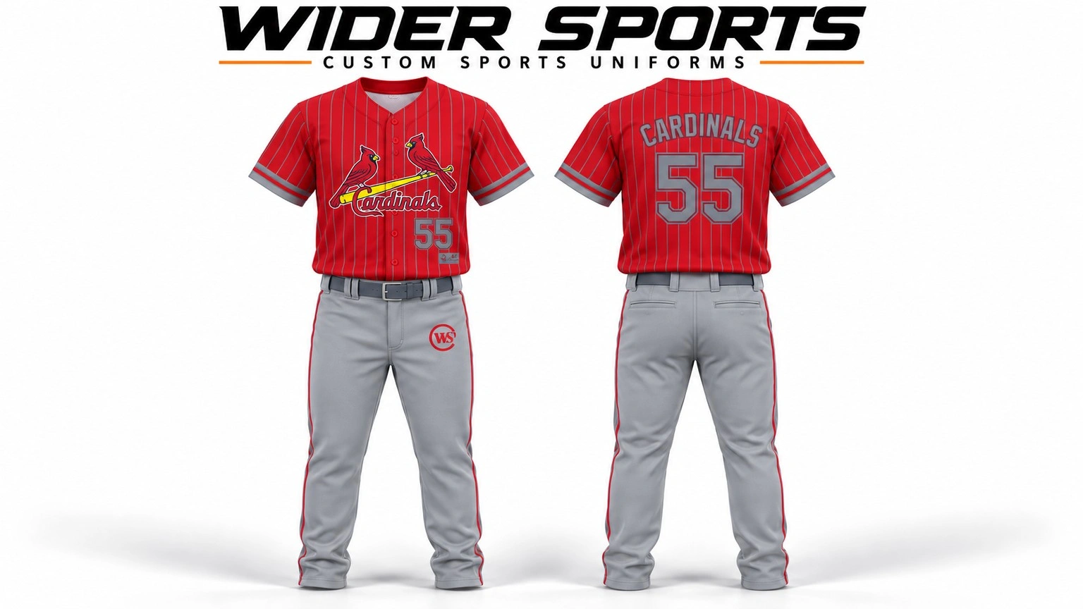Cardinals uniform: Red pinstripe jersey and grey pants, shown from the front and back.