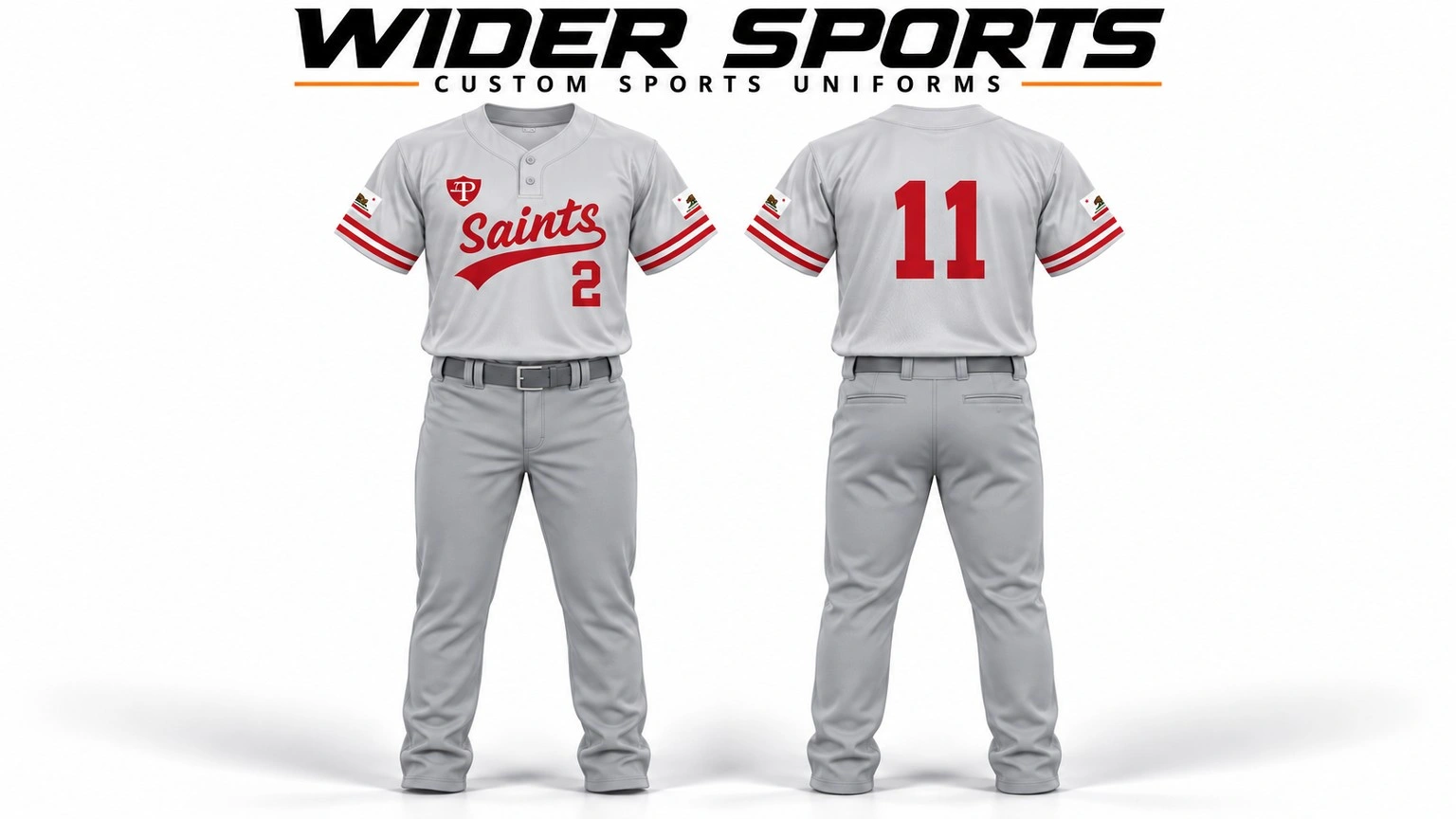 Saints uniform: Grey and red uniform design, shown from the front and back.