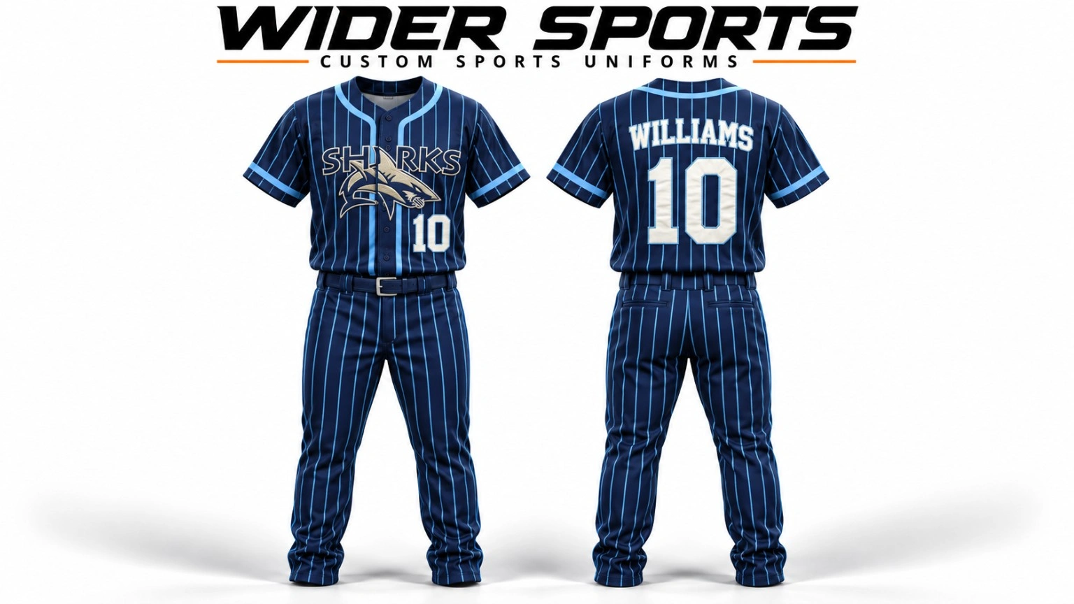 Sharks uniform: Navy and light-blue pinstripe uniform, shown from the front and back.