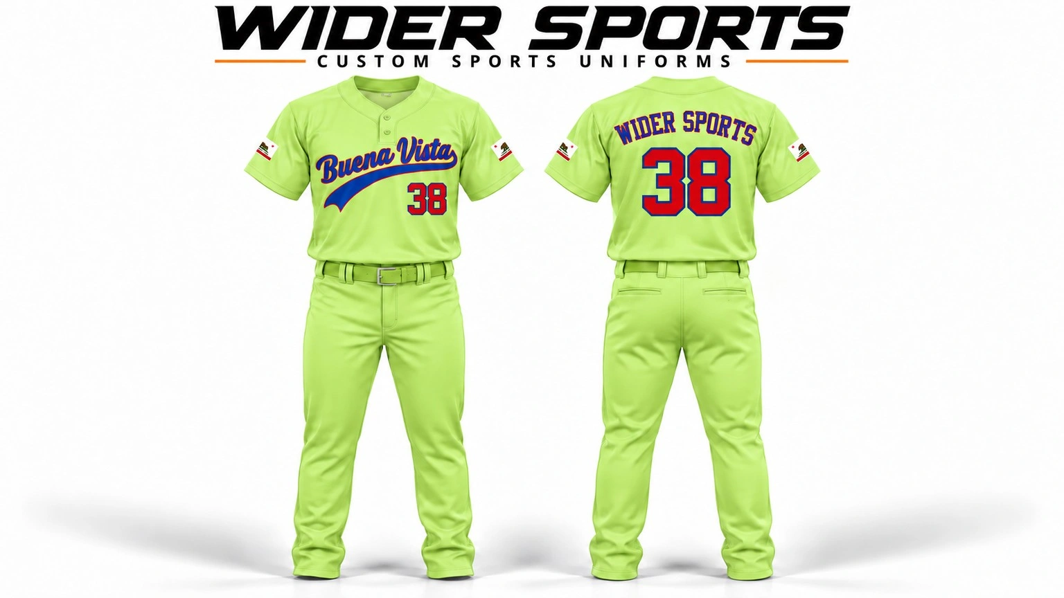 Buena Vista uniform: Bright lime uniform with contrasting team lettering, shown front and back.