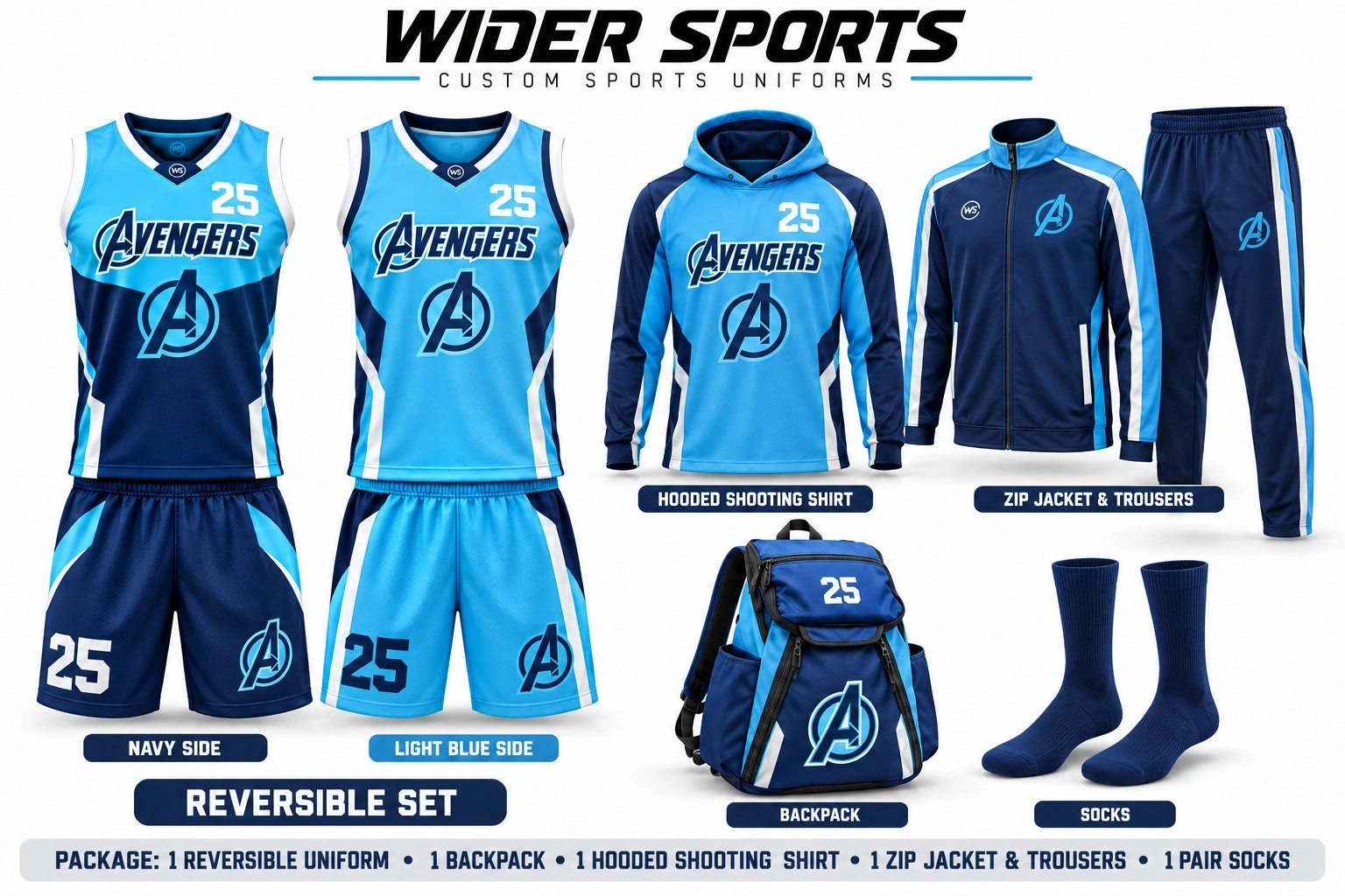 Blue reversible team package: Two blue uniform designs with coordinated apparel and team bag.