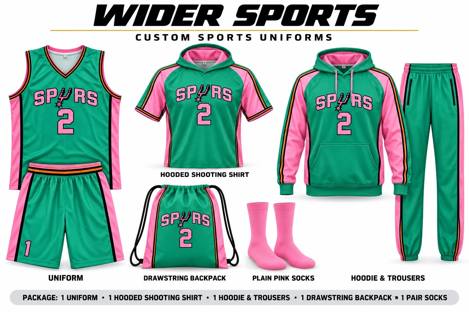 Spurs team package: Green and pink uniforms with coordinated shooting shirt, backpack, socks and warmups.