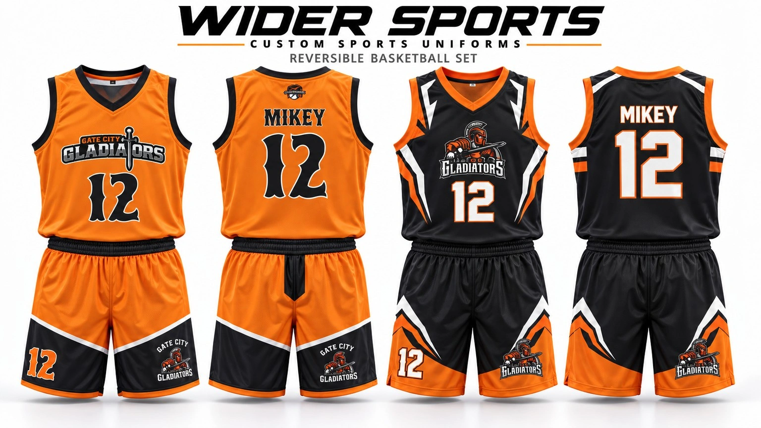 Orange & black number 12 uniforms: Orange and black uniform options, shown from the front and back.
