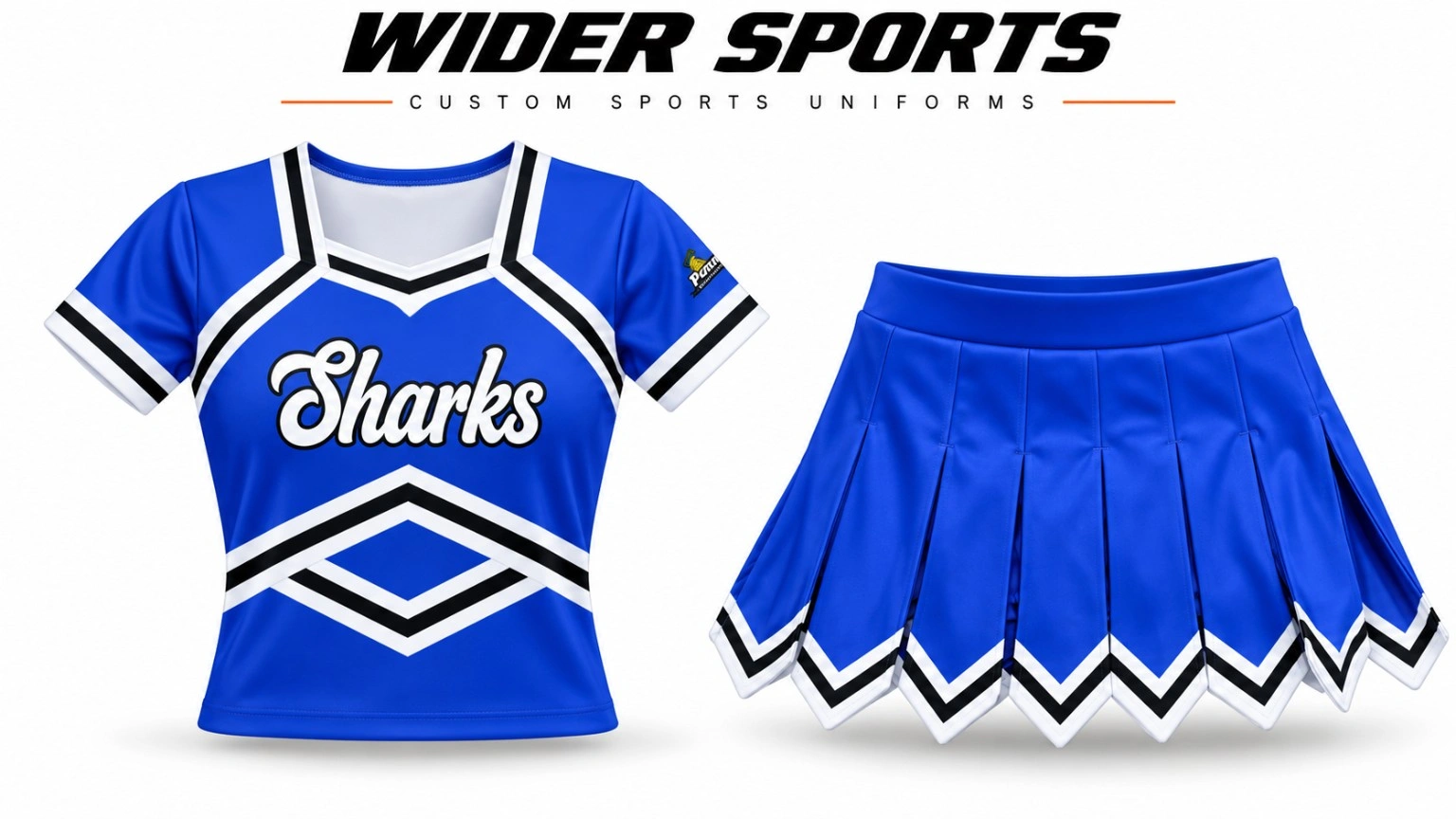 Sharks royal blue cheer set: Royal blue short-sleeve cheer top and pleated skirt with coordinated black and white trim.