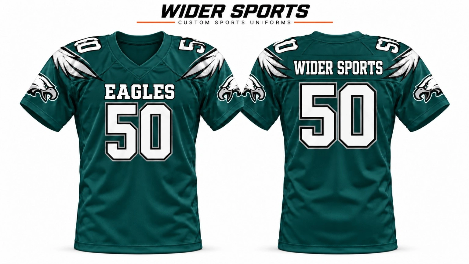 Eagles green fan jersey: Deep-green V-neck jersey with white numbering and wing graphics on the shoulders. Front and back views.