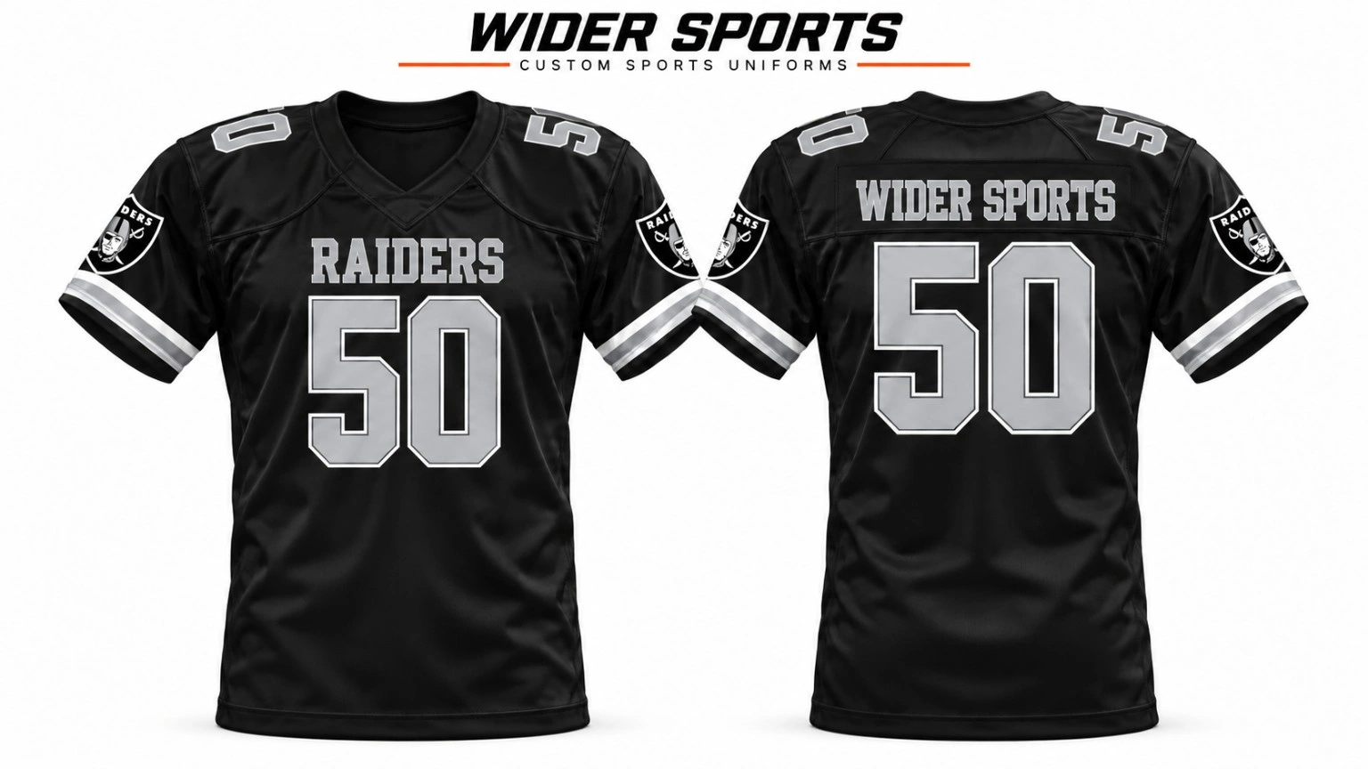 Raiders black fan jersey: Black V-neck jersey with silver numbering and contrasting sleeve stripes. Front and back views.