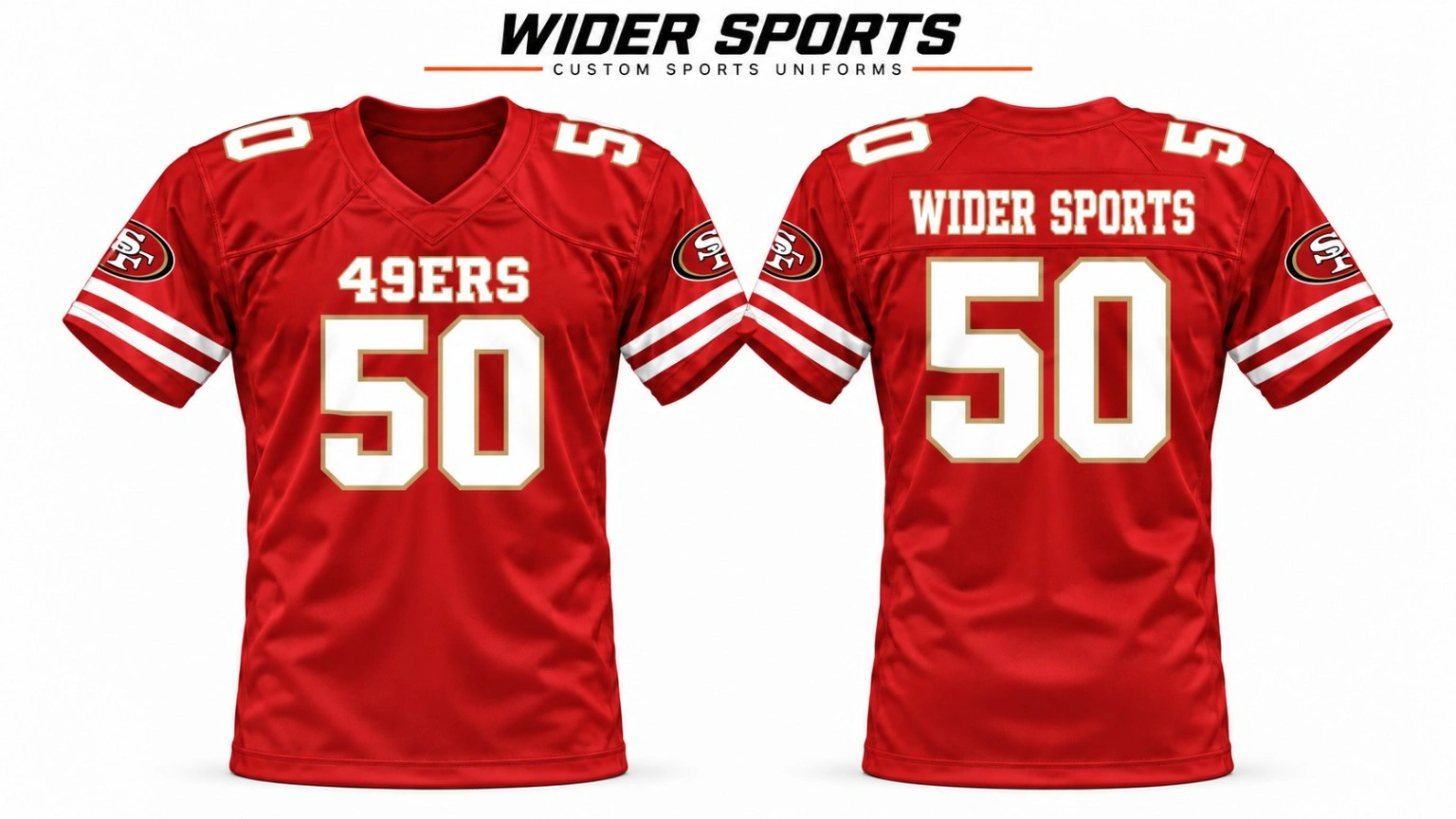 49ers red fan jersey: Red V-neck jersey with white and gold numbering and white sleeve stripes. Front and back views.