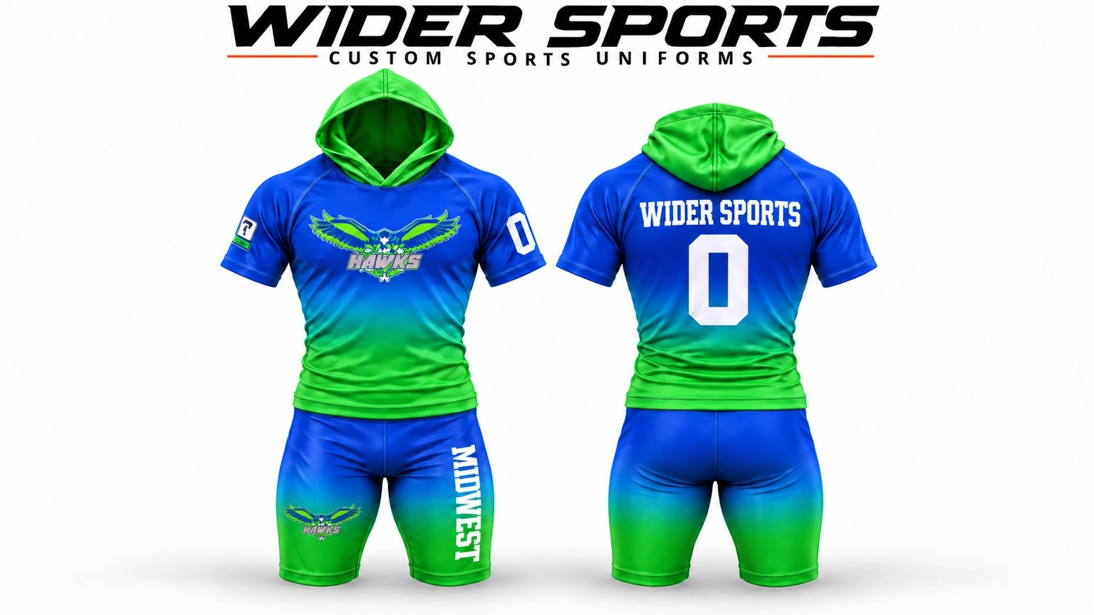 Midwest Hawks hooded set: Blue and green short-sleeve hooded uniform with matching shorts, shown front and back.