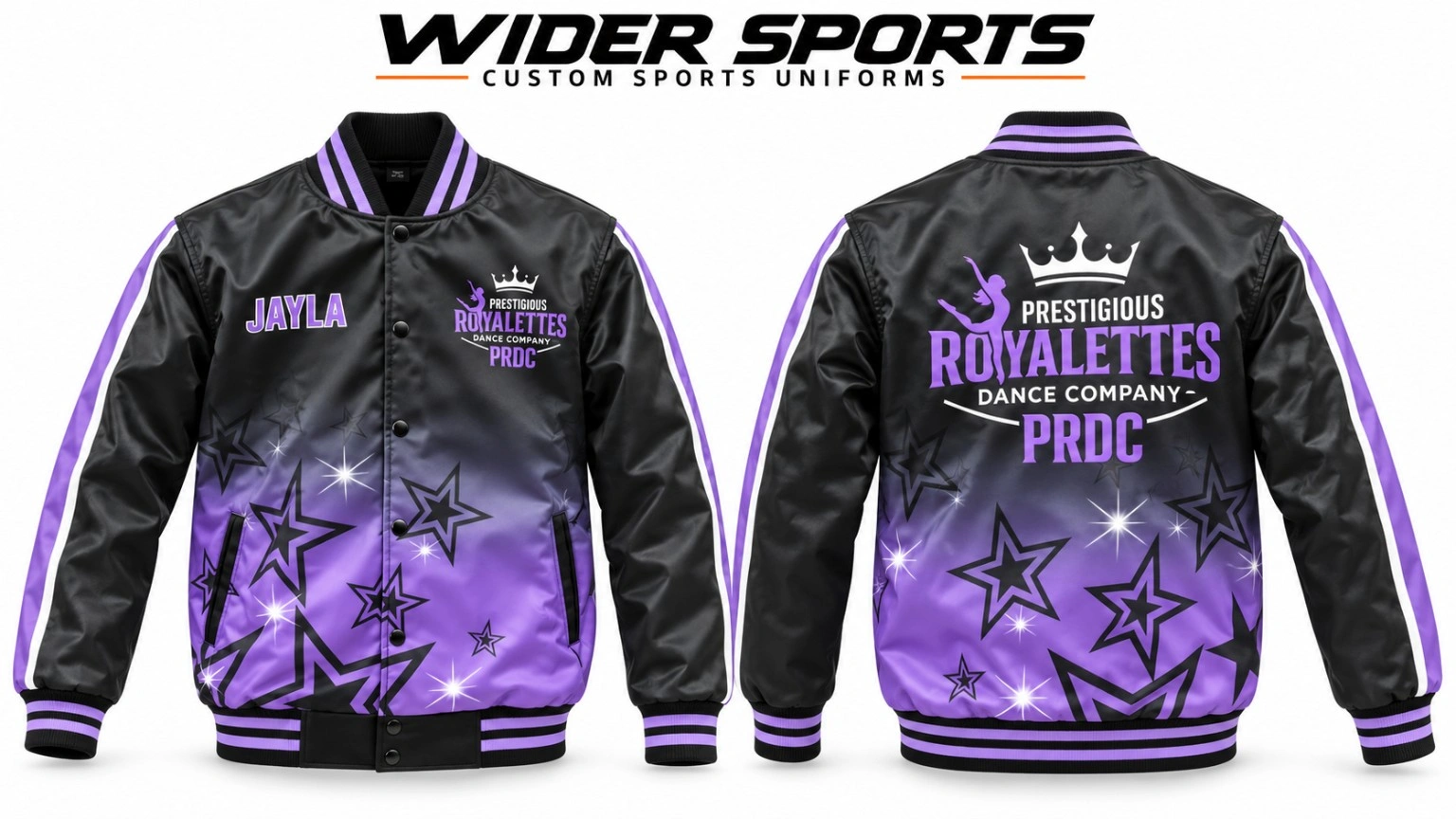 Royalettes purple jacket: Black and purple varsity-style jacket with star graphics, striped sleeve details and team branding.