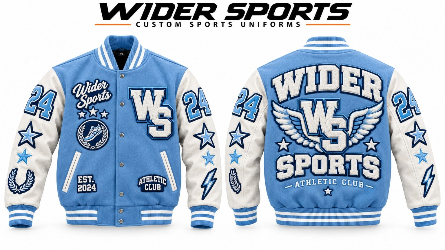 Wider Sports light-blue and white varsity jacket