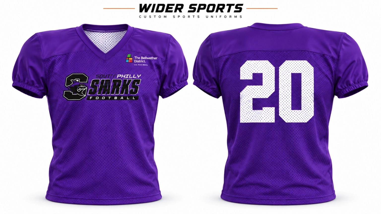 Purple Sharks practice jersey: Purple mesh-body jersey with solid shoulder and sleeve panels, V-neck styling and elastic sleeve cuffs. Front and back views.