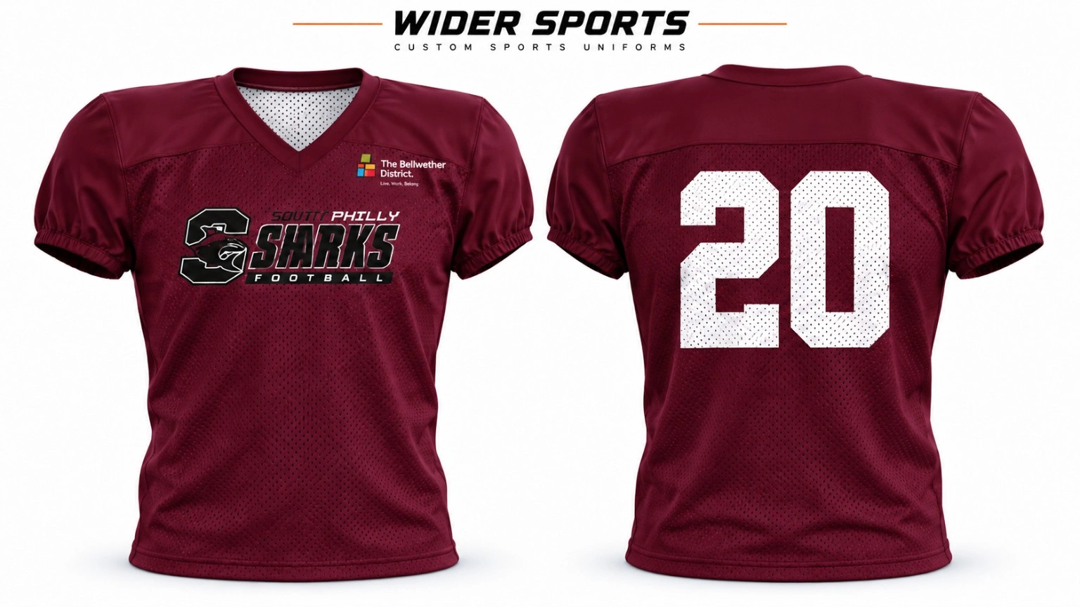 Maroon Sharks practice jersey: Maroon mesh-body jersey with solid shoulder and sleeve panels, V-neck styling and elastic sleeve cuffs. Front and back views.