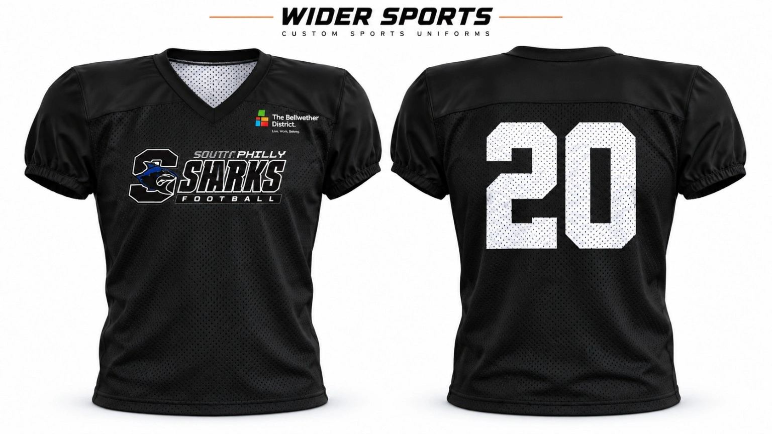 Black Sharks practice jersey: Black mesh-body jersey with solid shoulder and sleeve panels, V-neck styling and elastic sleeve cuffs. Front and back views.