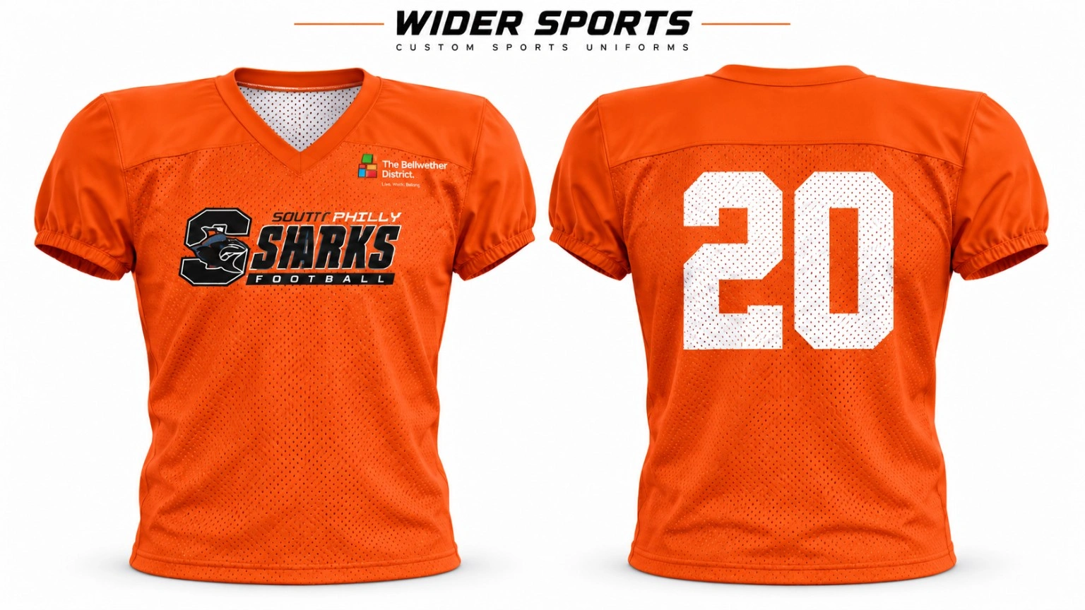Orange Sharks practice jersey: Orange mesh-body jersey with solid shoulder and sleeve panels, V-neck styling and elastic sleeve cuffs. Front and back views.