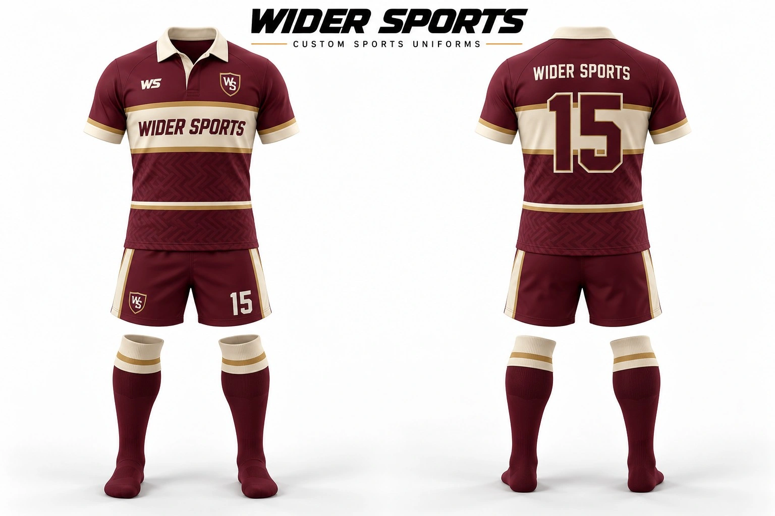 Burgundy & cream rugby kit: Burgundy number 15 kit with a cream collar, matching shorts and socks.