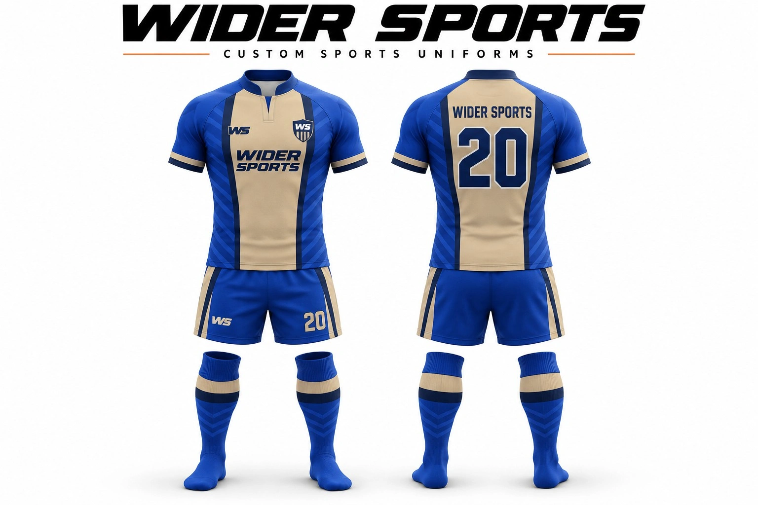 Cobalt & sand rugby kit: Blue number 20 kit with a sand-colored center panel, band collar and coordinated shorts and socks.