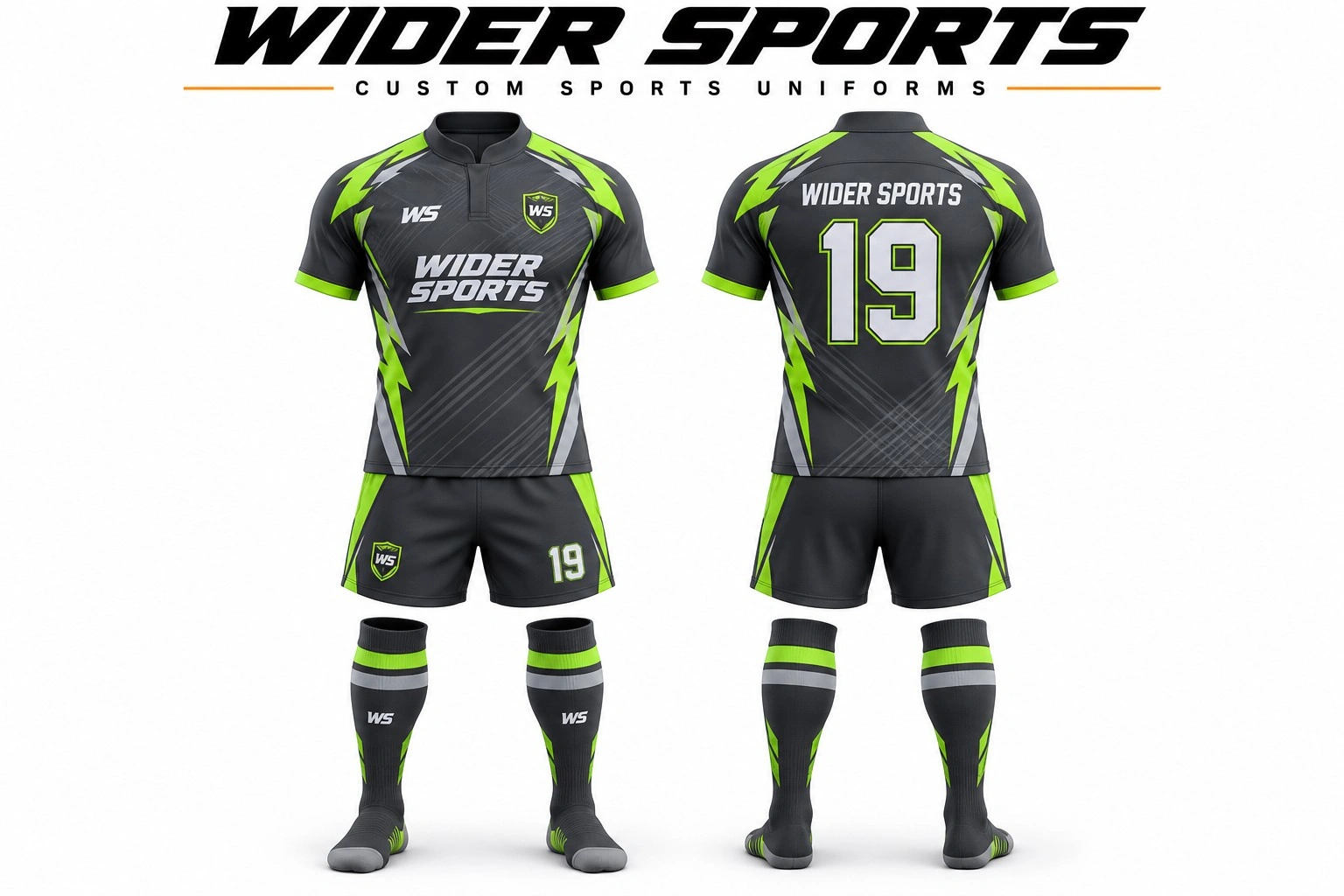 Charcoal & lime rugby kit: Charcoal number 19 kit with lime accents, band collar and matching shorts and socks.