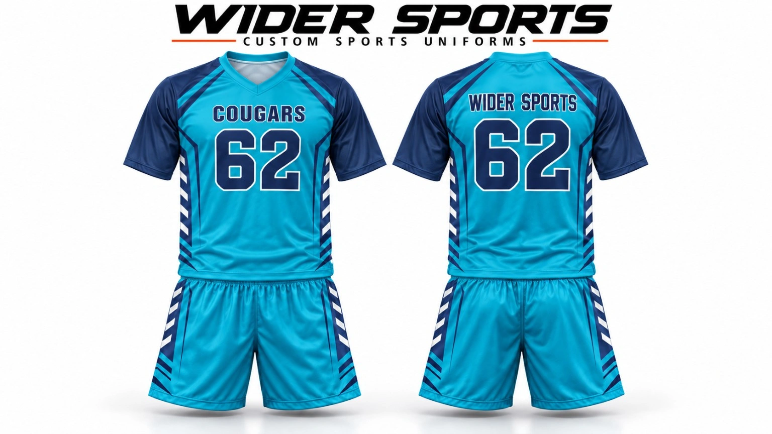 Cougars uniform: Teal and navy number 62 kit with coordinated shorts, shown front and back.