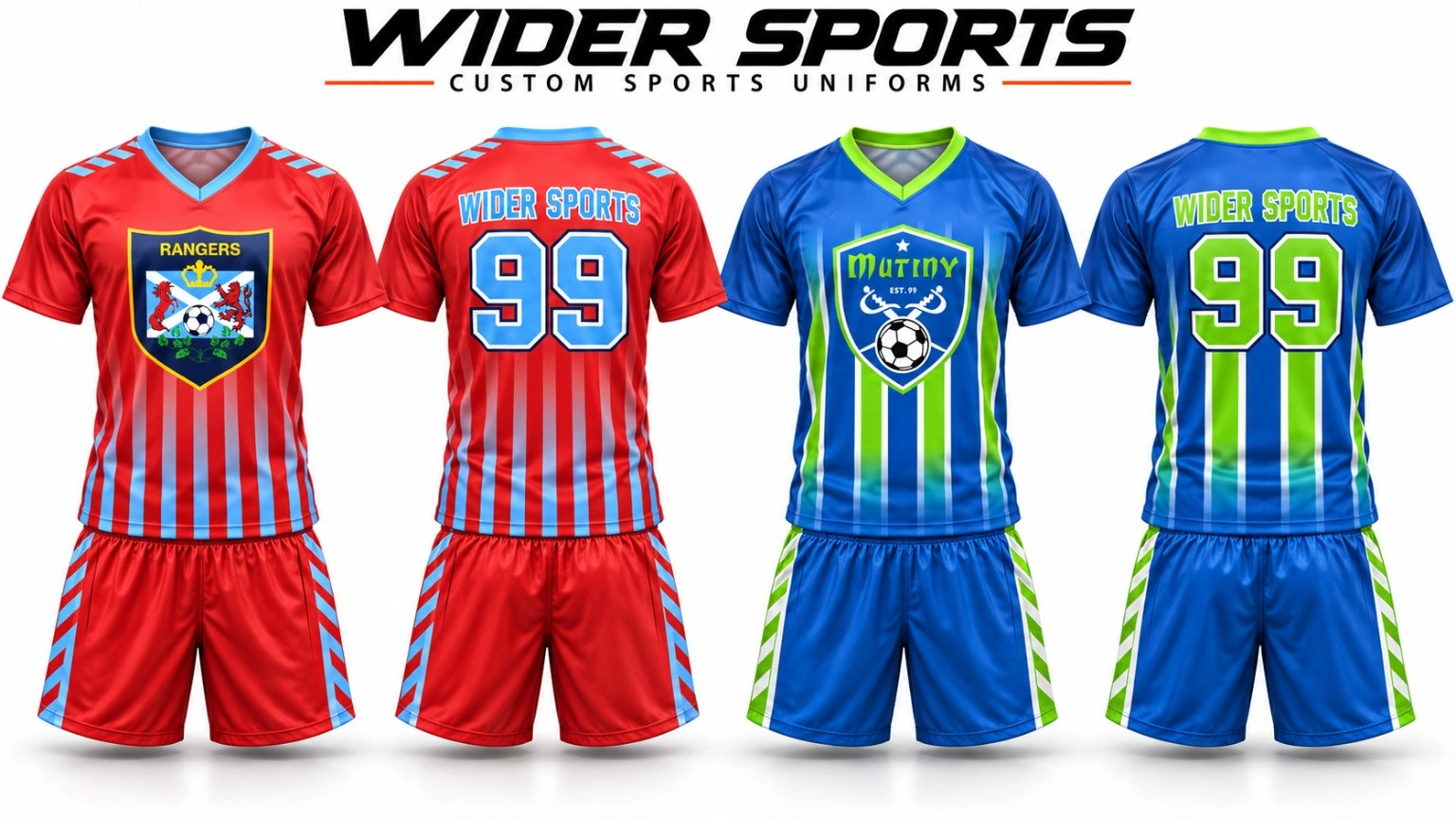 Rangers & Mutiny uniforms: Red Rangers and blue-and-green Mutiny kits with V-neck jerseys and number 99.