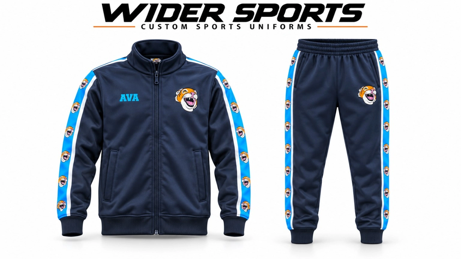 Baby Tigers zip-jacket set: Navy zip jacket and trousers with blue side detailing and tiger graphics.