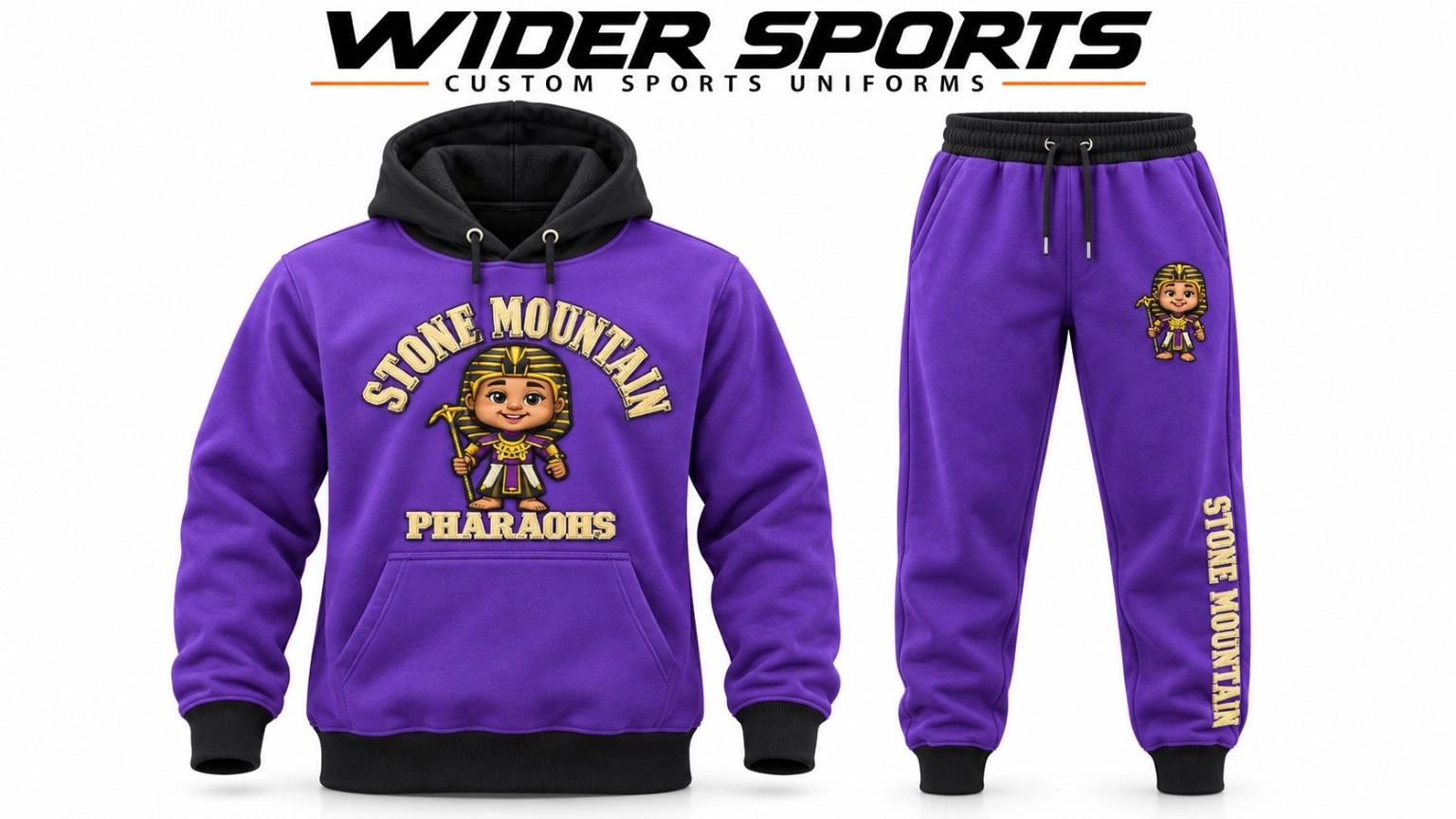 Stone Mountain Pharaohs set: Purple hoodie and jogger trousers with black trim and coordinated team graphics.