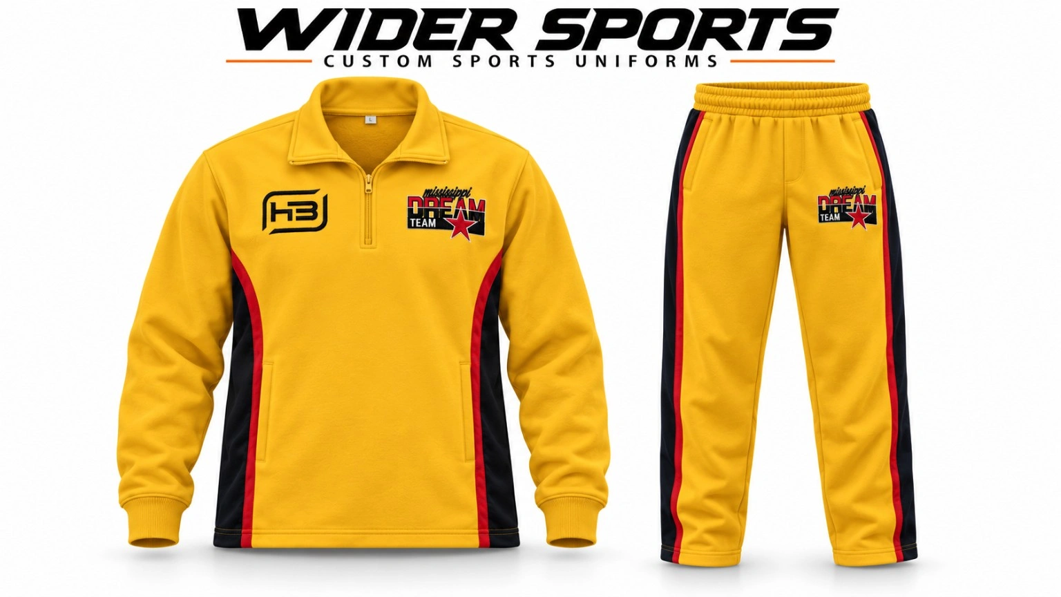 Dream Team quarter-zip set: Gold quarter-zip top and matching trousers with red and black side detailing.