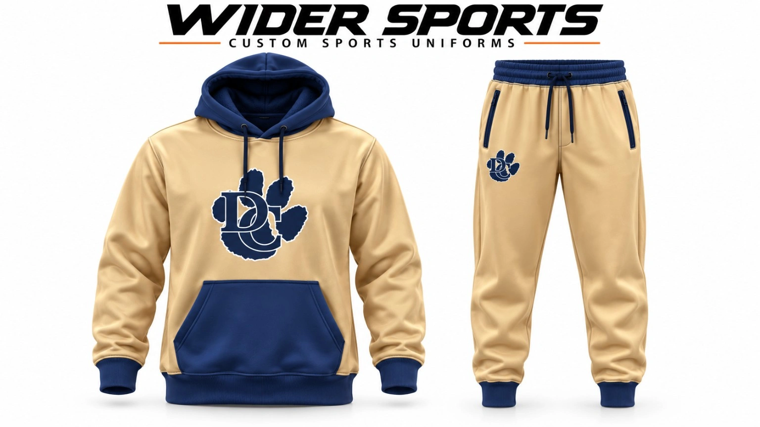 Gold & navy hoodie set: Gold pullover hoodie and jogger trousers with navy trim and paw-print artwork.