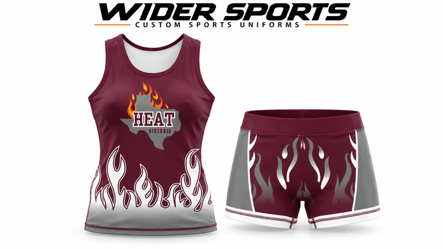 Heat Victoria racing set: Maroon and grey fitted top and shorts with flame artwork.