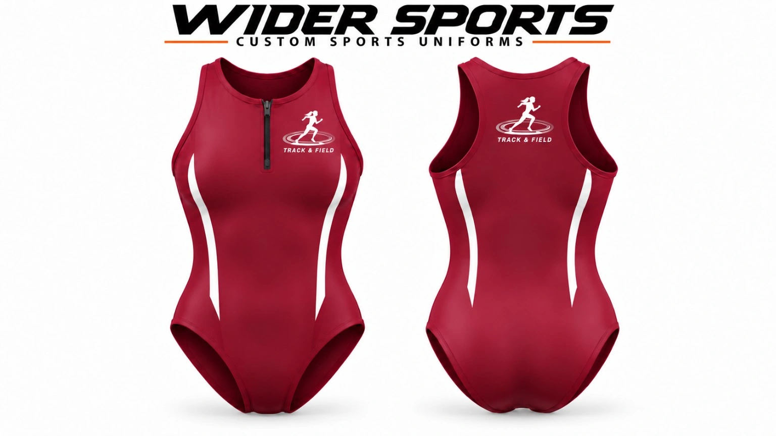 Maroon track bodysuit: Maroon and white zip-front racing bodysuit, shown from the front and back.