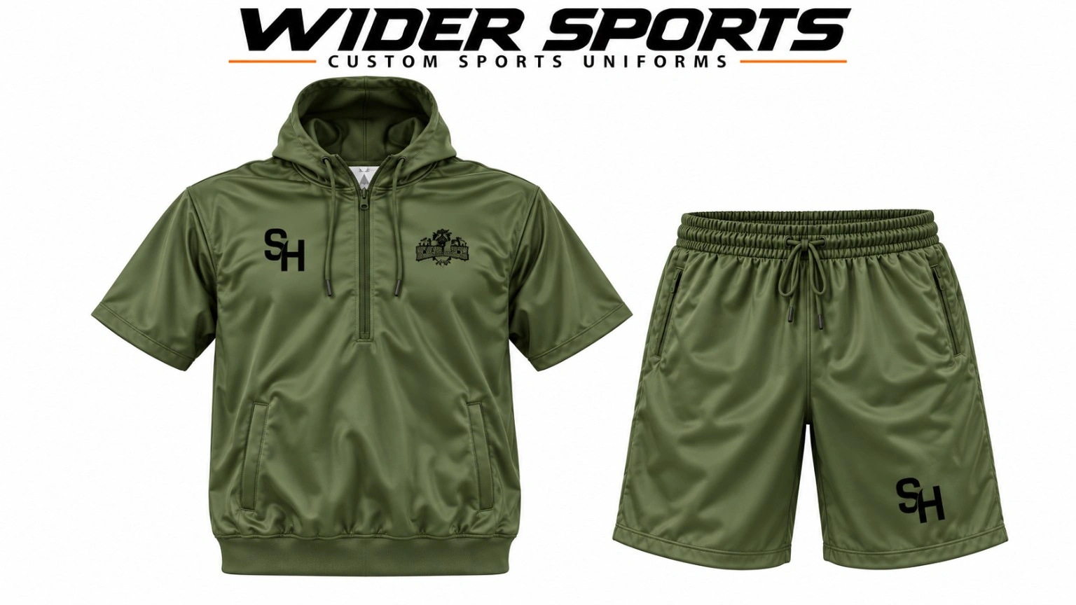 Olive hooded warmup set: Short-sleeve hooded zip top with matching olive shorts.