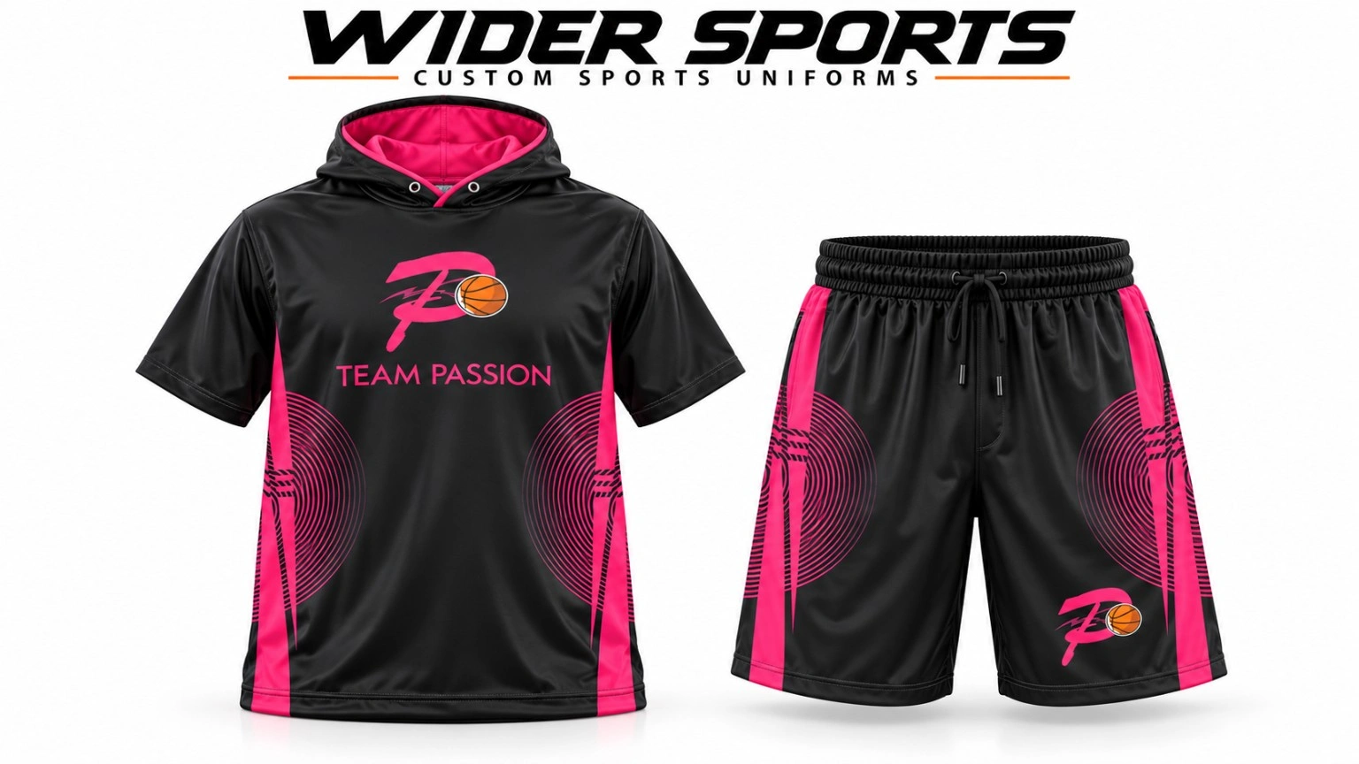 Team Passion shooting set: Black and pink short-sleeve hooded shooting shirt with matching shorts.