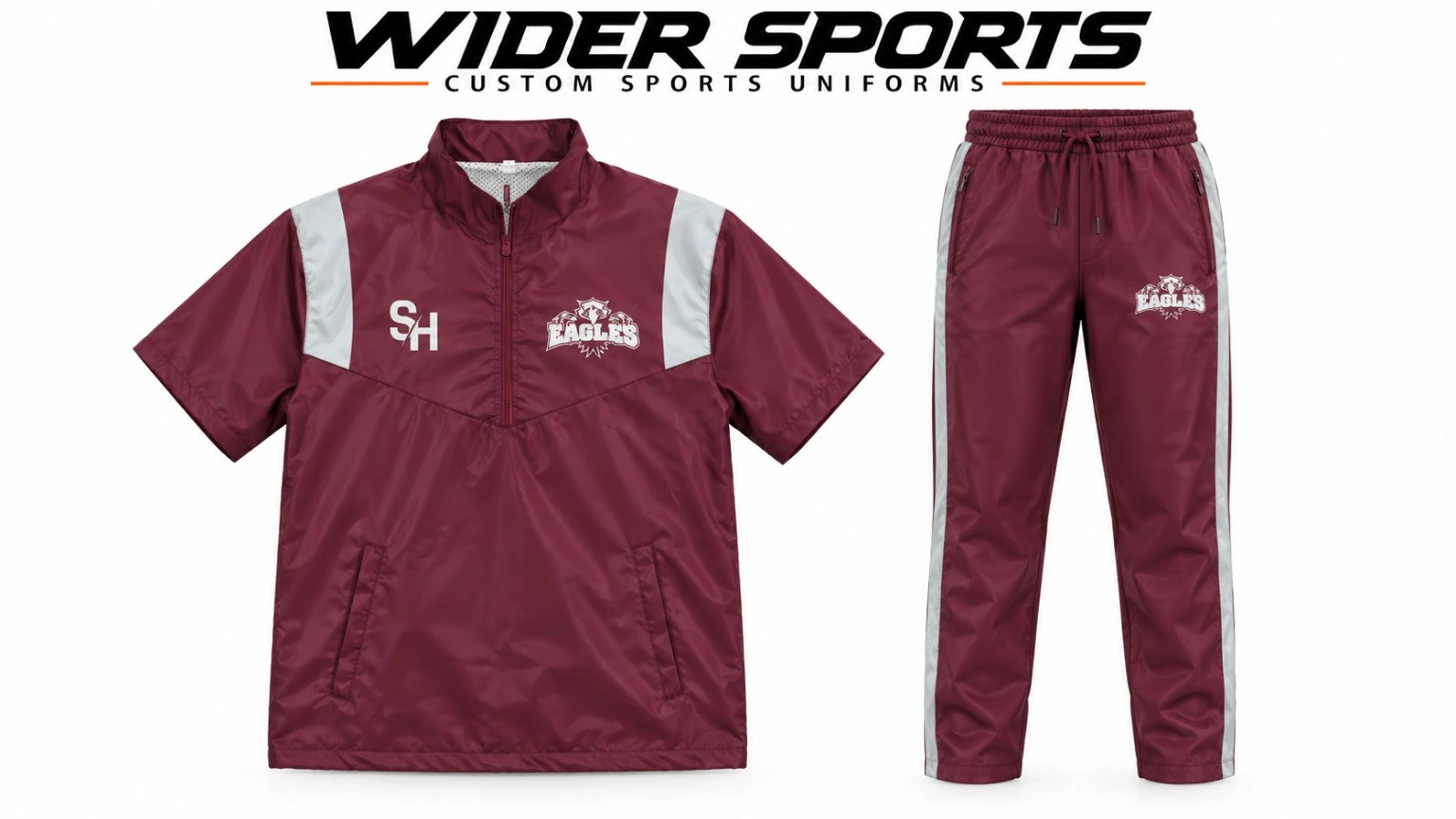 Eagles maroon warmup set: Short-sleeve quarter-zip top and matching trousers with silver panel details.